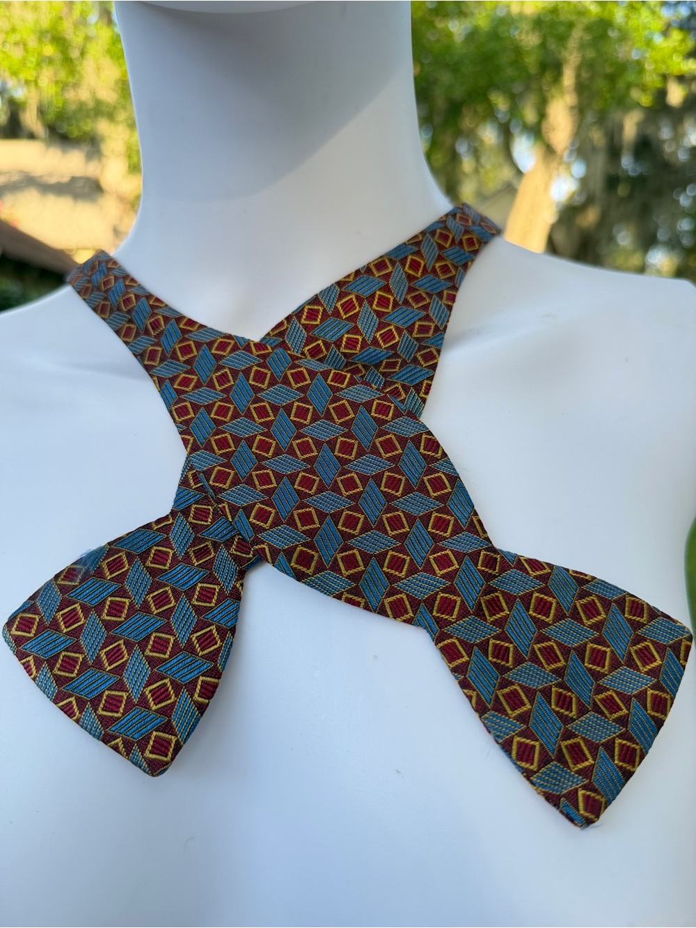 R. Hanauer Silk Self-Tie Bow Tie Men's Red Blue Gold Geometric Diamond Medallion